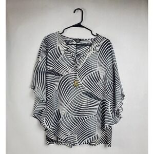 Robert Louis Black White Geometric Print V Neck Lace Up Tunic Top XL
